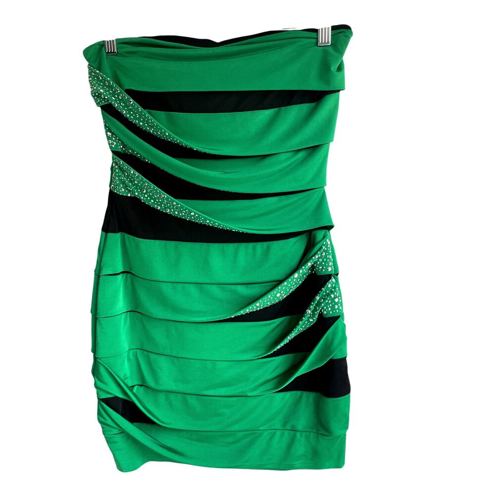 Y2K Green Strapless Ruched Mini Dress M Black Stripe Bodycon USA